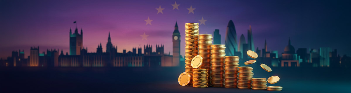 Banner Illustration of declining gold coin stacks representing shrinking online casino bonuses across Europe in 2026